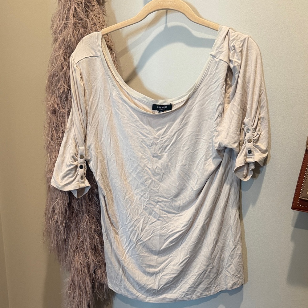 Express Cream Button-Accent Short Sleeve Top